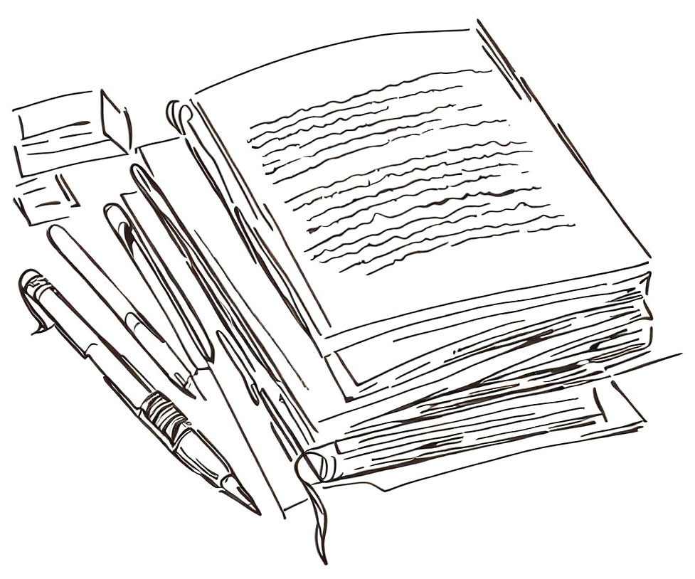 line pen drawing of books and notes